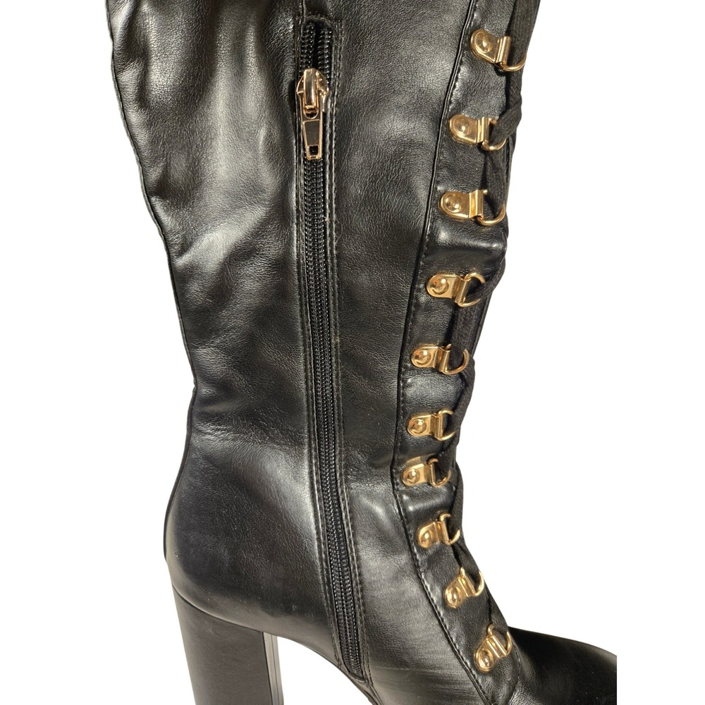Eliza Womens Black Lace Up Knee High Combat Boots Gold Hardware Block Heel 7.5 - Picture 10 of 13